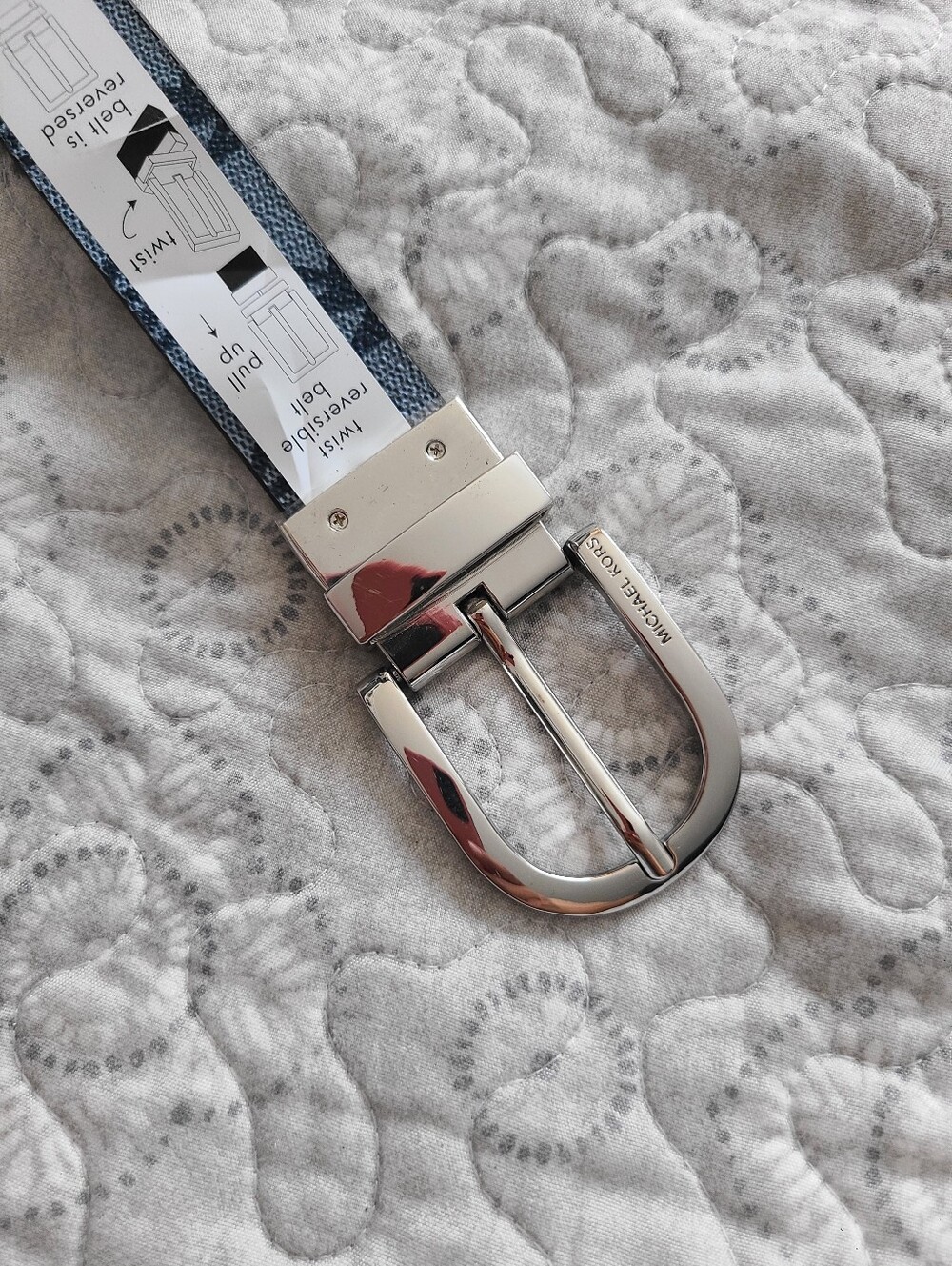 Michael Kors Silver Buckle Reversible Belt with Blue and Tan Strap